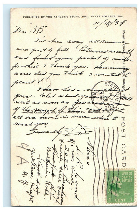 1938 Penn's Cave Near State College Pennsylvania PA Posted Vintage Postcard