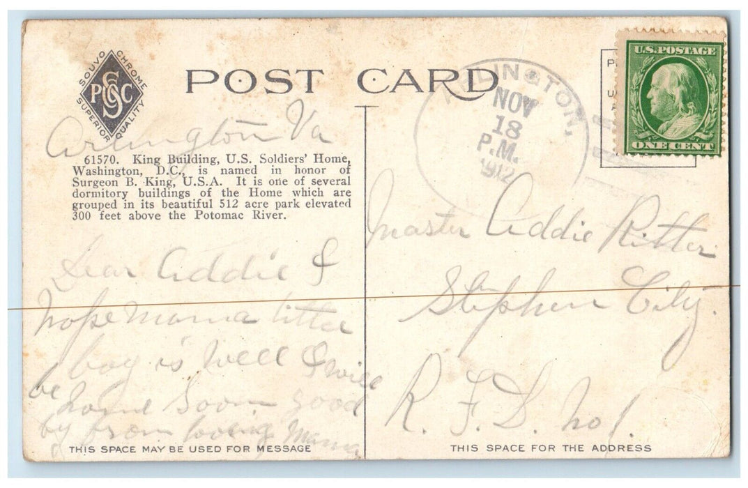 1912 King Building US Soldiers Home Washington DC Arlington VA Antique Postcard