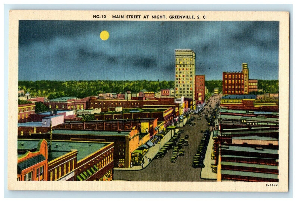 c1940's Main Street At Night Greenville South Carolina SC Vintage Postcard