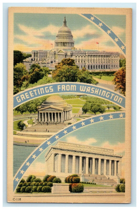 1944 Greetings From Washington DC Multiview WW2 Soldier Mail Postcard