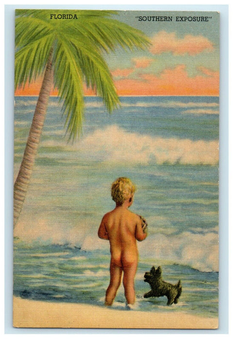 c1940's Southern Exposure Beach Scene Little Boy Puppy Dog Florida FL Postcard