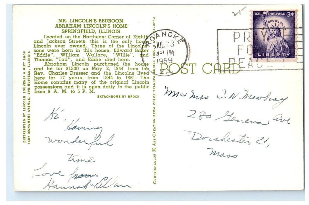 1959 Bedroom, Abraham Lincoln Home Springfield Illinois IL Political Postcard