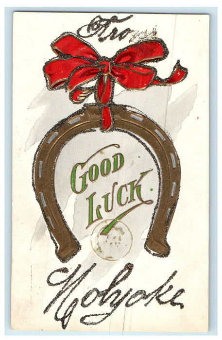 c1905s Good Luck from Holyoke Massachusetts MA Embossed Horseshoe Postcard