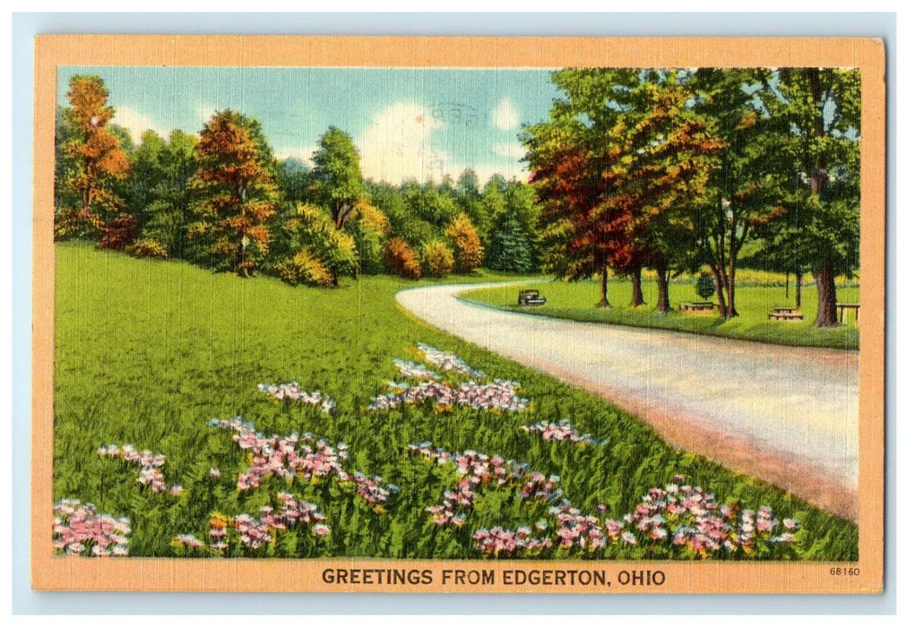 1950 Greetings From Edgerton Ohio OH Road Flowers Postcard