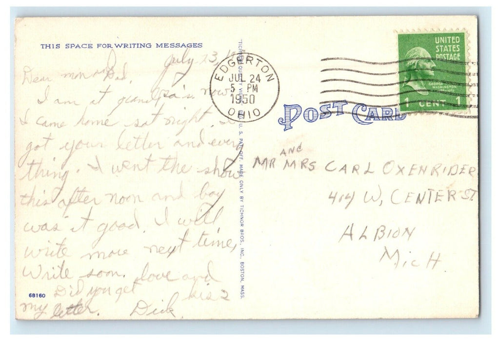 1950 Greetings From Edgerton Ohio OH Road Flowers Postcard