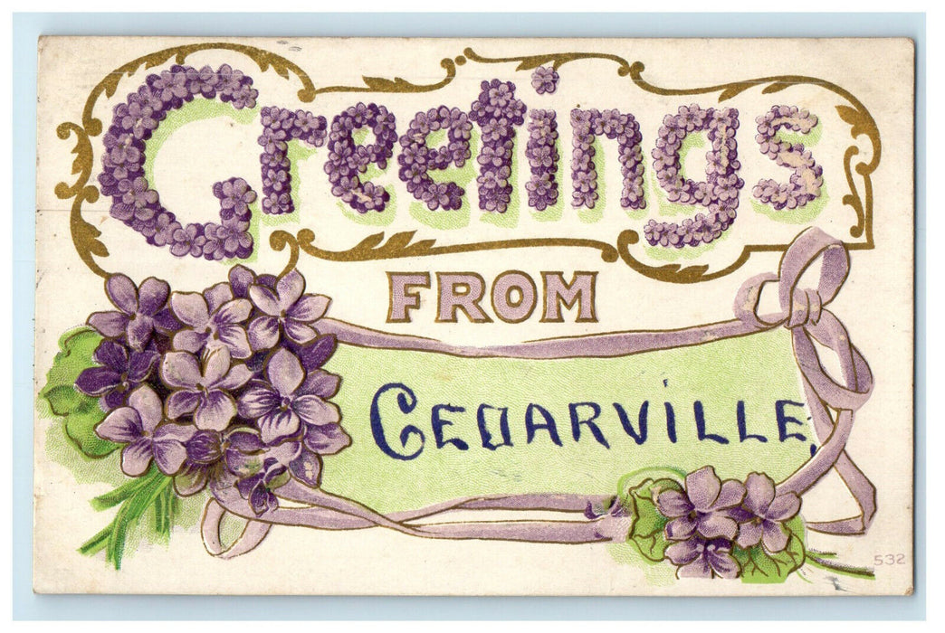 1910 Greetings from Cedarville New Jersey NJ Purple Floral Postcard