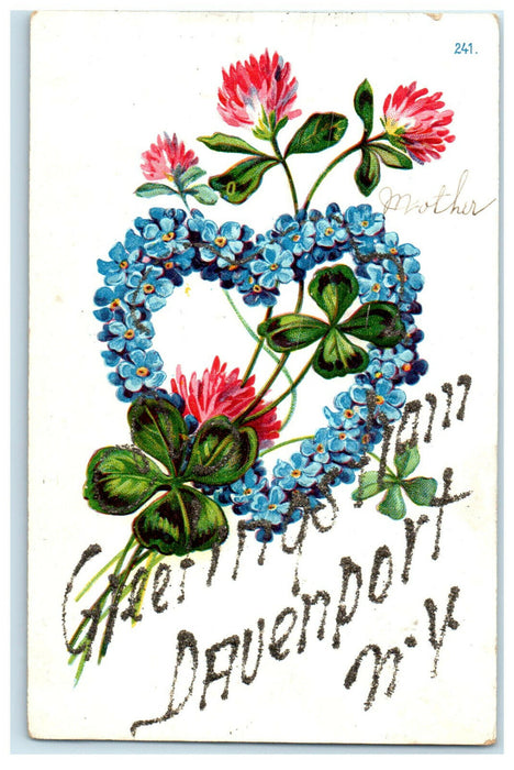 c1910s Greetings from Davenport New York Floral Heart Shaped Unposted Postcard