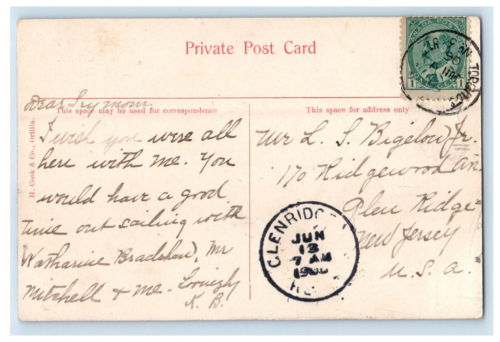 1906 Couchiching Beach Park Orillia Canada, Glen Ridge NJ Posted Postcard