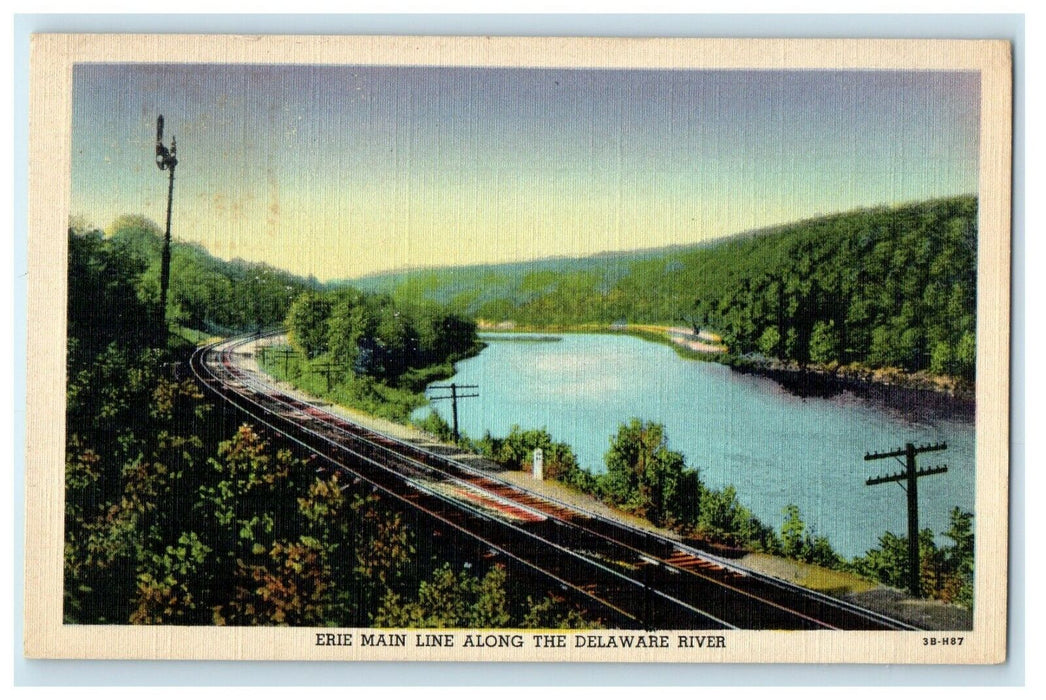 c1940's Erie Main Line Railroad Train Tracks Along Delaware River NY Postcard