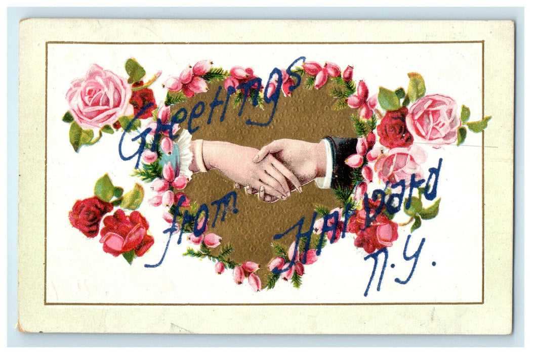 1908 Greetings from Harvard New York, Handshake Flowers Glitter Postcard