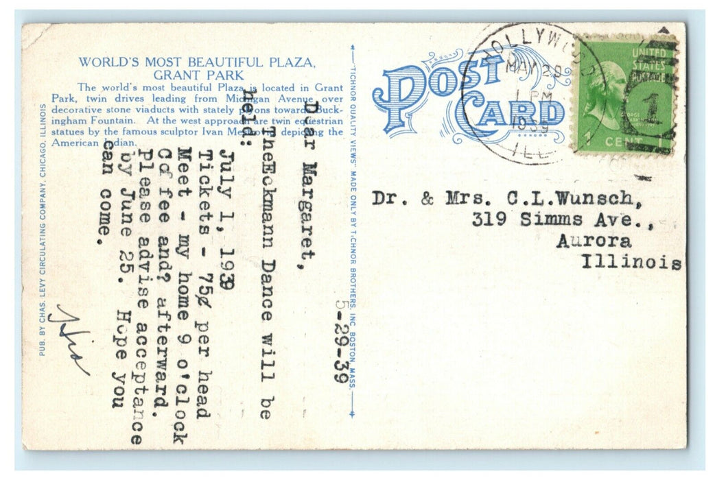 1939 Eckmann Dance Invitation Hollywood Illinois IL Grant Park Chicago Postcard