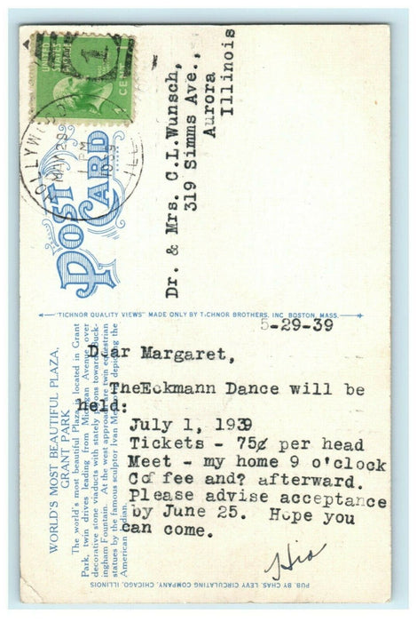 1939 Eckmann Dance Invitation Hollywood Illinois IL Grant Park Chicago Postcard