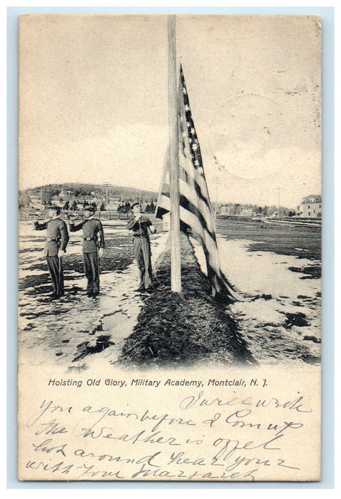 1906 Hoisting Old Glory Patriotic Flag Military Academy Montclair NJ Postcard