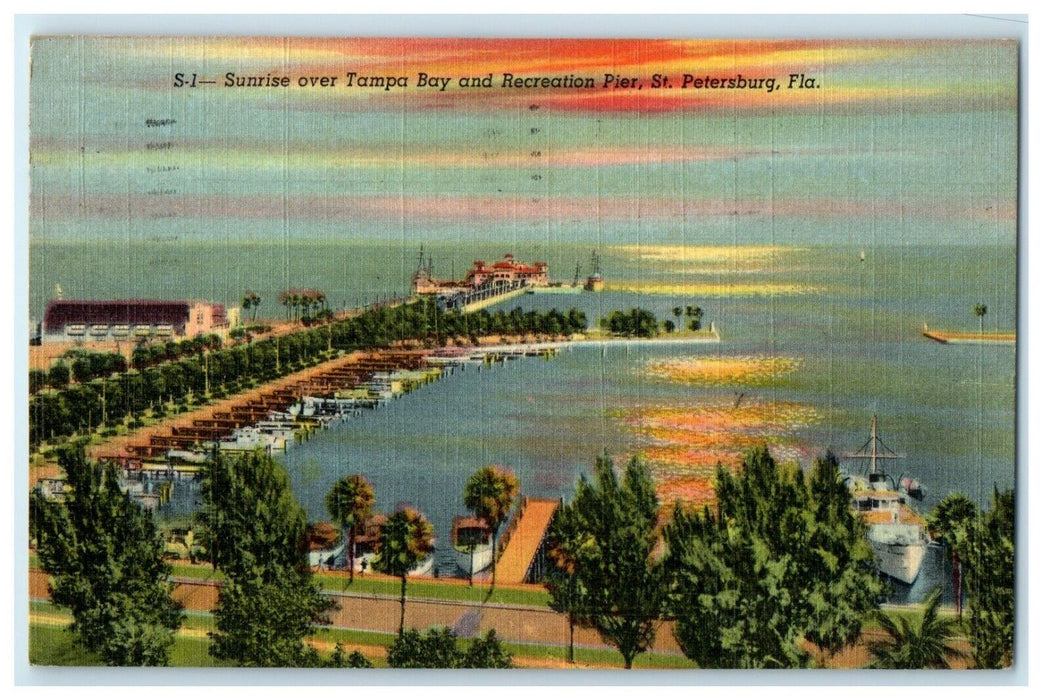 1951 Sunrise Over Tampa Bay Recreation Pier St. Petersburg Florida FL Postcard