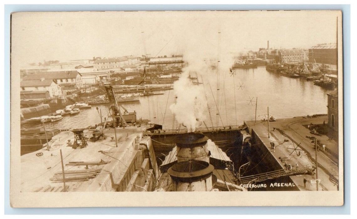 c1920's Bird's Eye View Of Cherbourg Arsenal Boats Harbor RPPC Photo Postcard