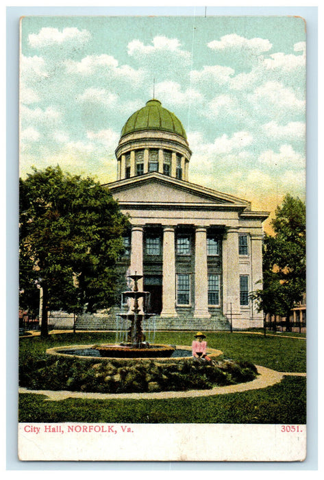 c1905 Woman Sitting in Fountain, City Hall, Norfolk Virginia VA Postcard