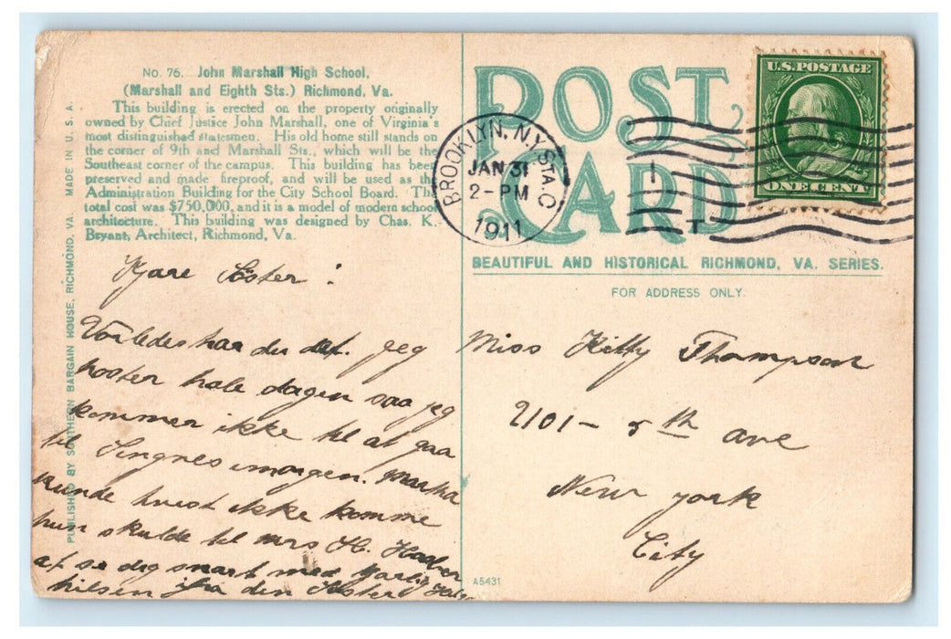 1911 John Marshall High School (Marshall and 6th St.) Richmond VA Postcard
