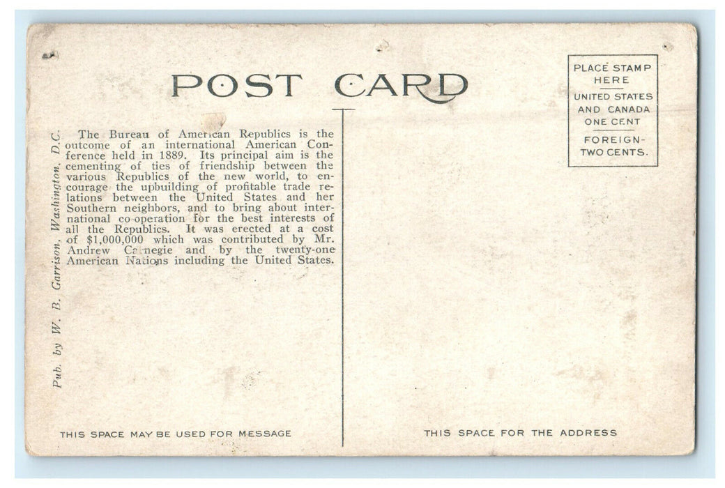 c1910 Bureau of American Republics Washington DC Unposted Antique Postcard