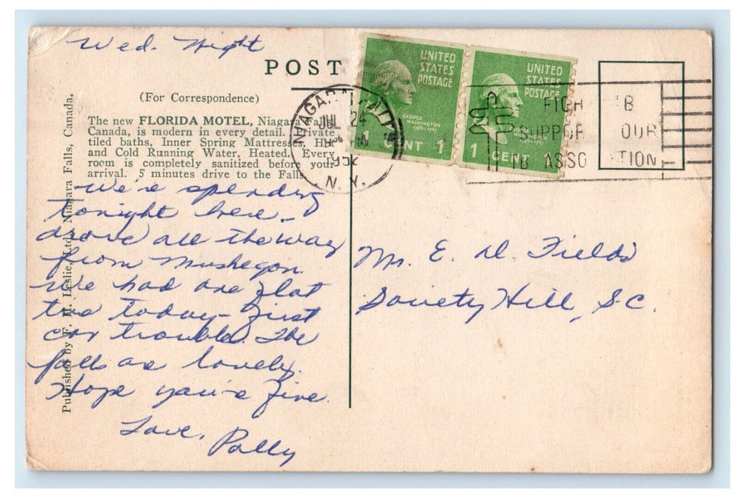 1952 The New Florida Motel, Lundy's Lane Niagara Falls Canada Posted Postcard