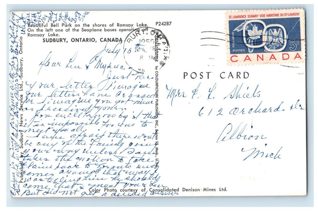1950 Beautiful Bell Park Sudbury Ontario Canada Vintage Posted Postcard