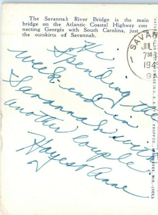 1945 Savannah River Bridge On Coastal Highway Savannah Georgia GA Postcard