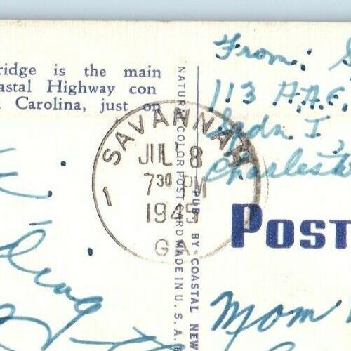 1945 Savannah River Bridge On Coastal Highway Savannah Georgia GA Postcard