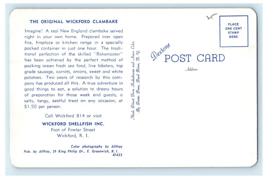 c1950s The Original Wickford Clambake Wickford Rhode Island RI Unposted Postcard