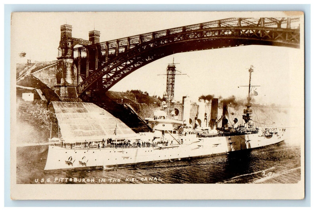 c1920's USS Pittsburgh Steamer Ship At Kiel Canal Germany RPPC Photo Postcard