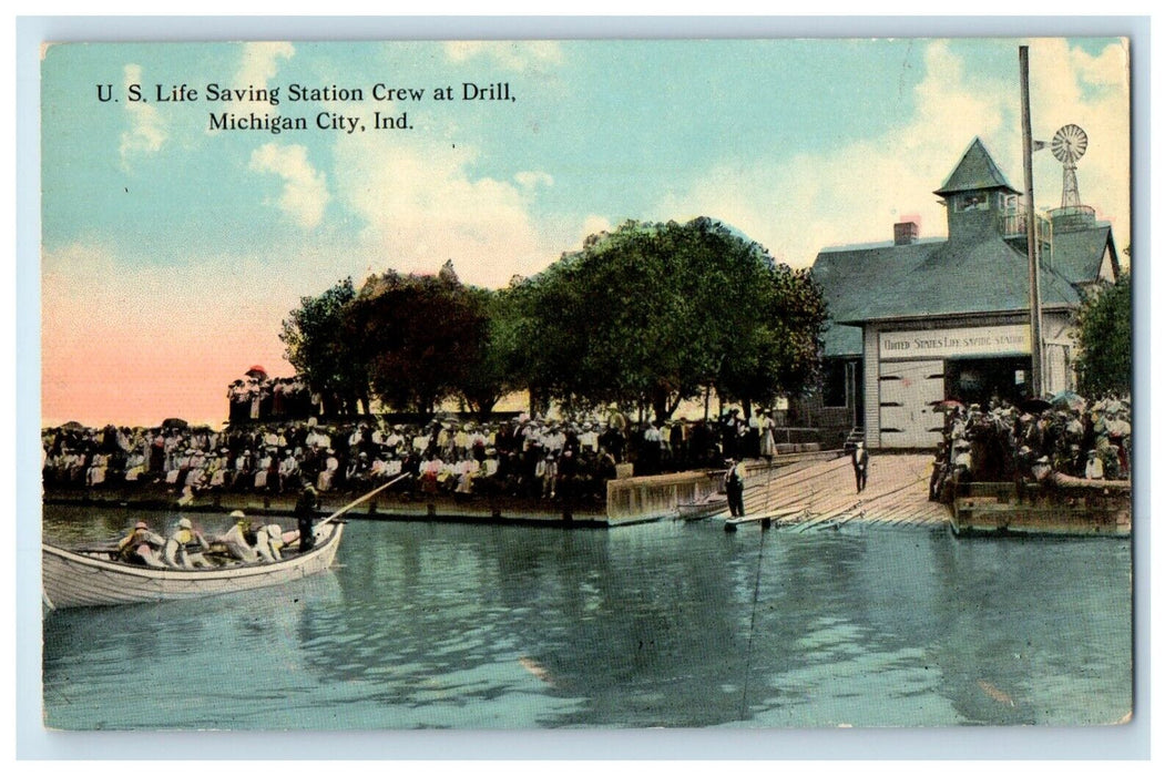 Michigan City Indiana IN, U.S. Life Saving Station Crew At Drill Boat Postcard