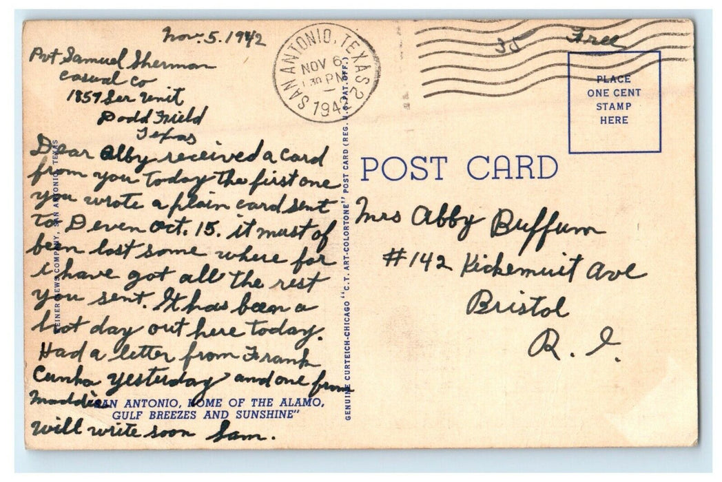 1942 Bird's Eye View Skyline Of San Antonio Texas TX, WW2 Soldier Mail Postcard