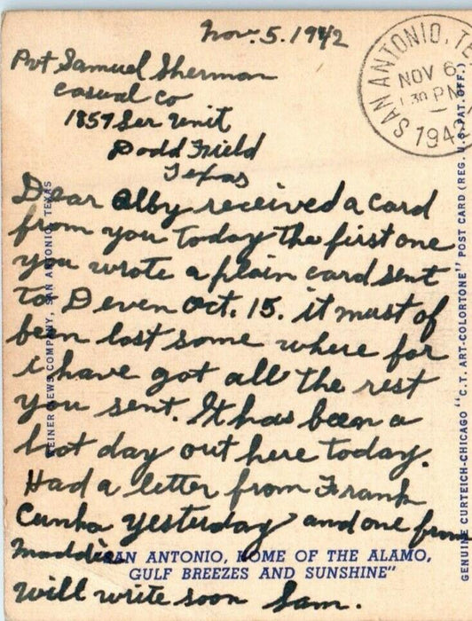 1942 Bird's Eye View Skyline Of San Antonio Texas TX, WW2 Soldier Mail Postcard