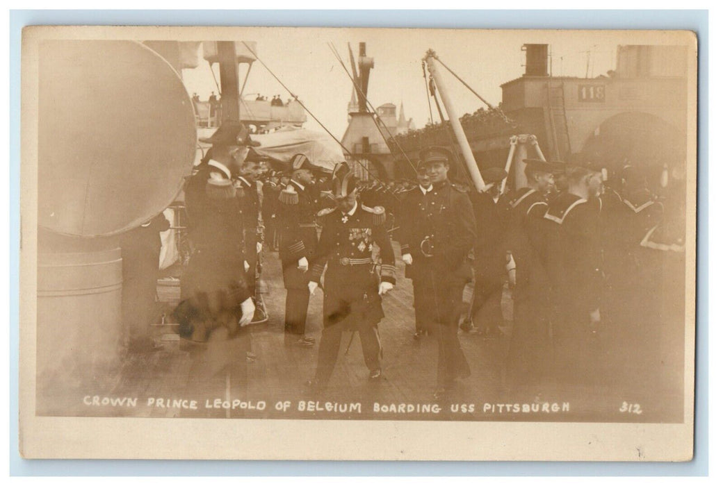 Crown Prince Leopold Of Belgium Boarding USS Pittsburgh RPPC Photo Postcard