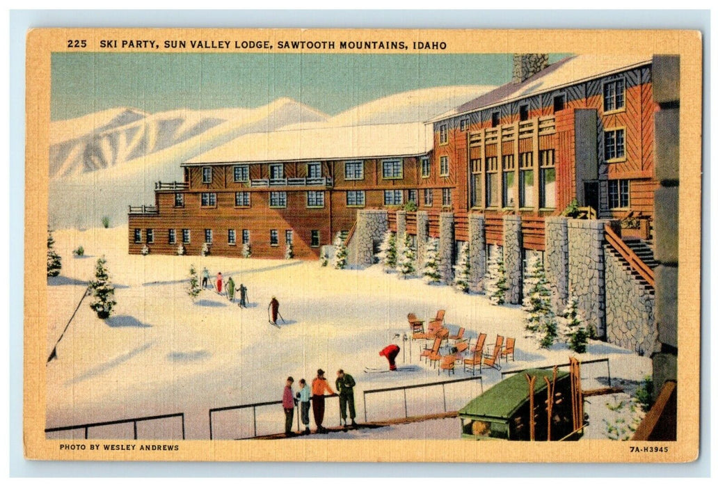 1943 Ski Party Sun Valley Lodge Sawtooth Mountains ID, WW2 Soldier Mail Postcard