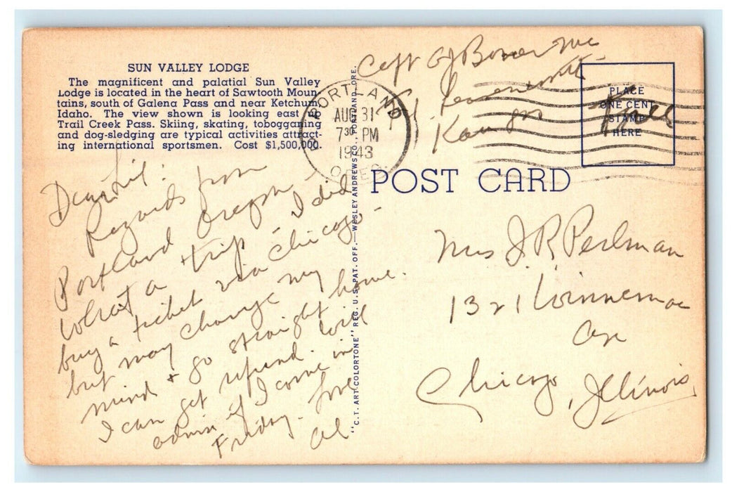 1943 Ski Party Sun Valley Lodge Sawtooth Mountains ID, WW2 Soldier Mail Postcard