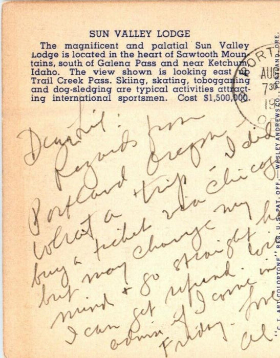 1943 Ski Party Sun Valley Lodge Sawtooth Mountains ID, WW2 Soldier Mail Postcard
