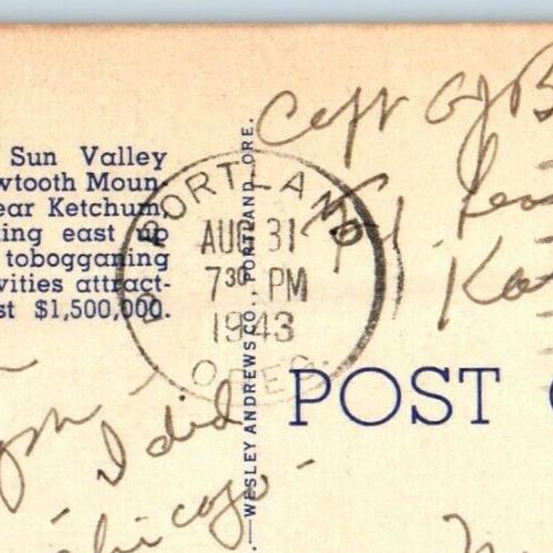 1943 Ski Party Sun Valley Lodge Sawtooth Mountains ID, WW2 Soldier Mail Postcard