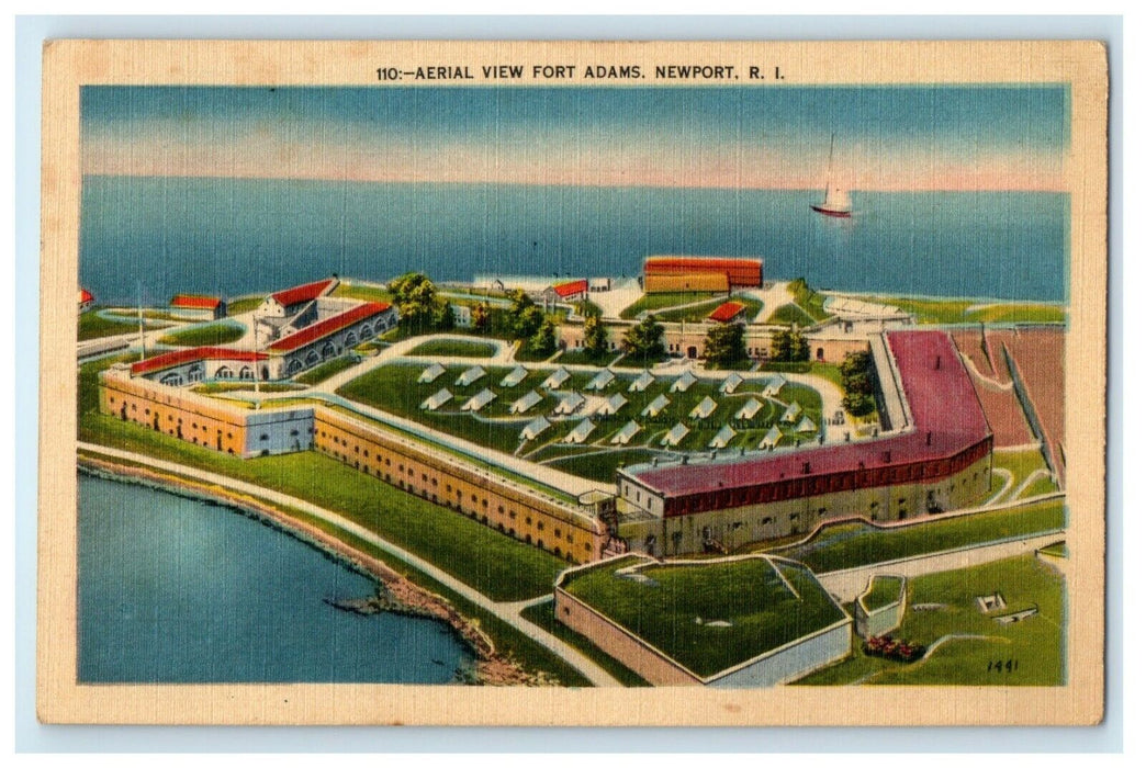 c1940's Aerial View Fort Adams Newport Rhode Island RI WW2 Soldier Mail Postcard