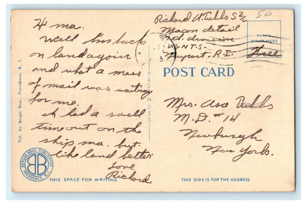 c1940's Aerial View Fort Adams Newport Rhode Island RI WW2 Soldier Mail Postcard