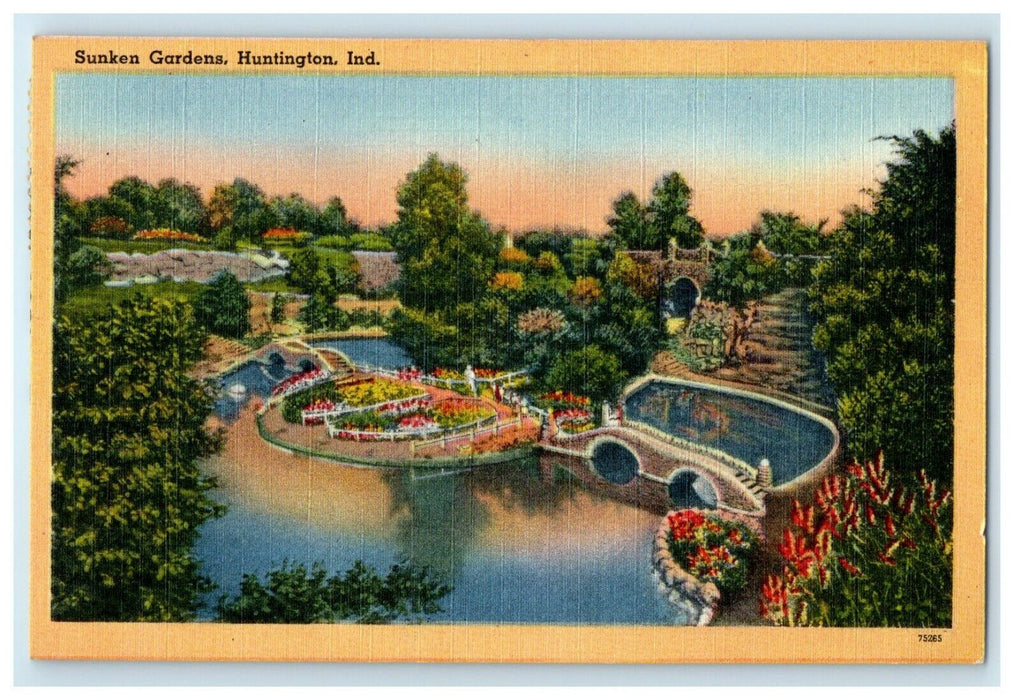1954 Aerial View Of Sunken Gardens Huntington Indiana IN Vintage Postcard