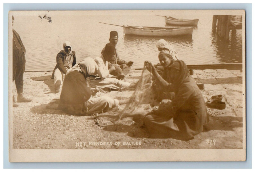 c1920's Net Menders Of Galilee Israel, Boats Scene RPPC Photo Vintage Postcard