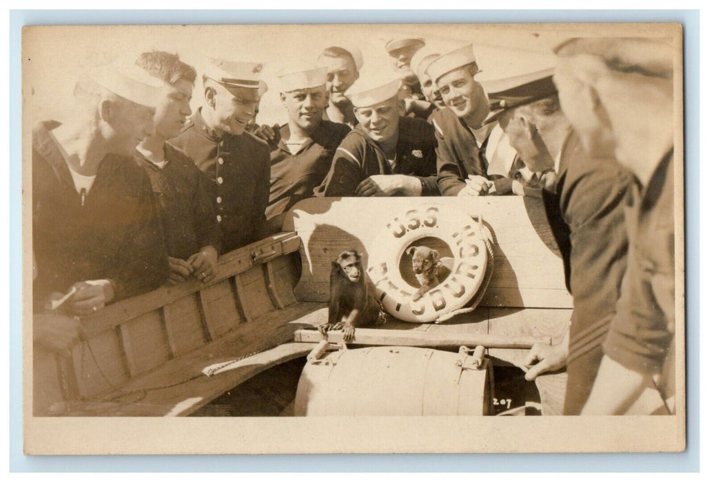 c1920's USS Pittsburgh Monkey And Dog At Ship Navy Sailors RPPC Photo Postcard