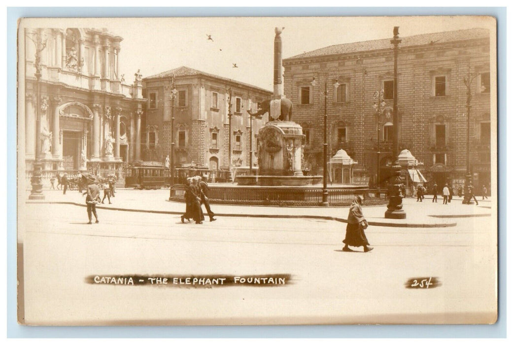 c1920's Catania Italy, The Elephant Fountain Street View RPPC Photo Postcard