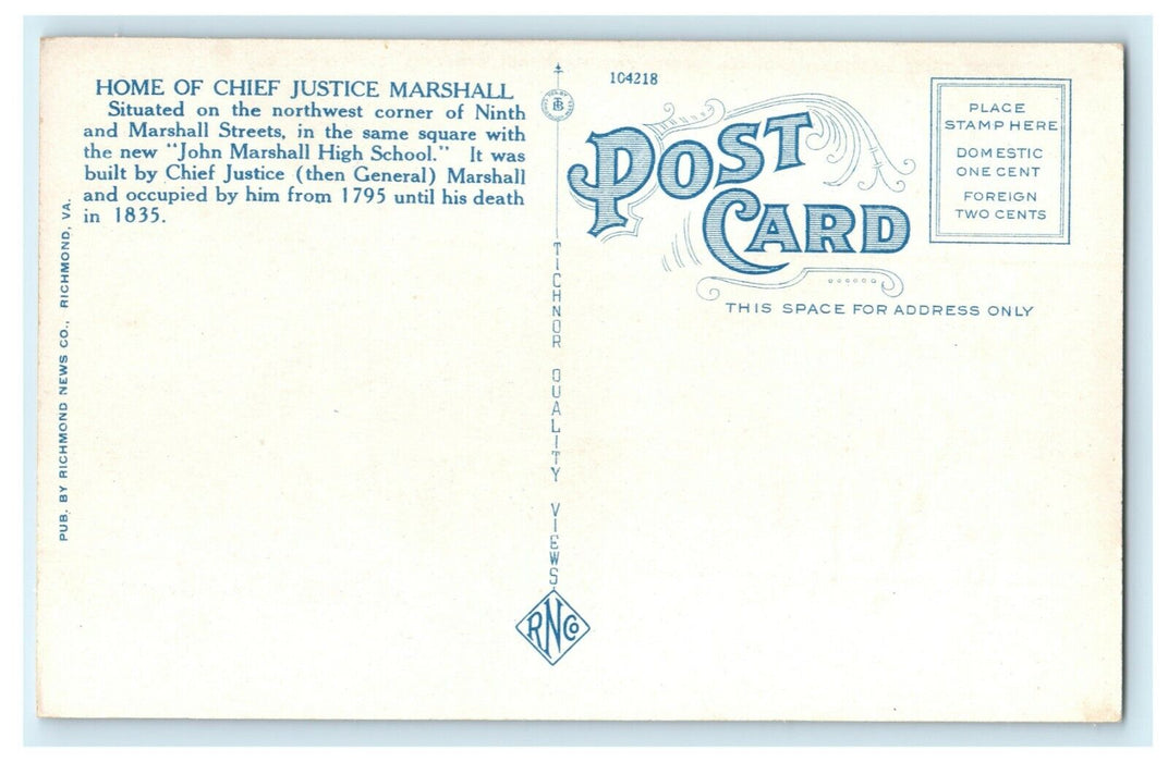 c1920 Home of Chief Justice Marshall Richmond Virginia VA Vintage Postcard