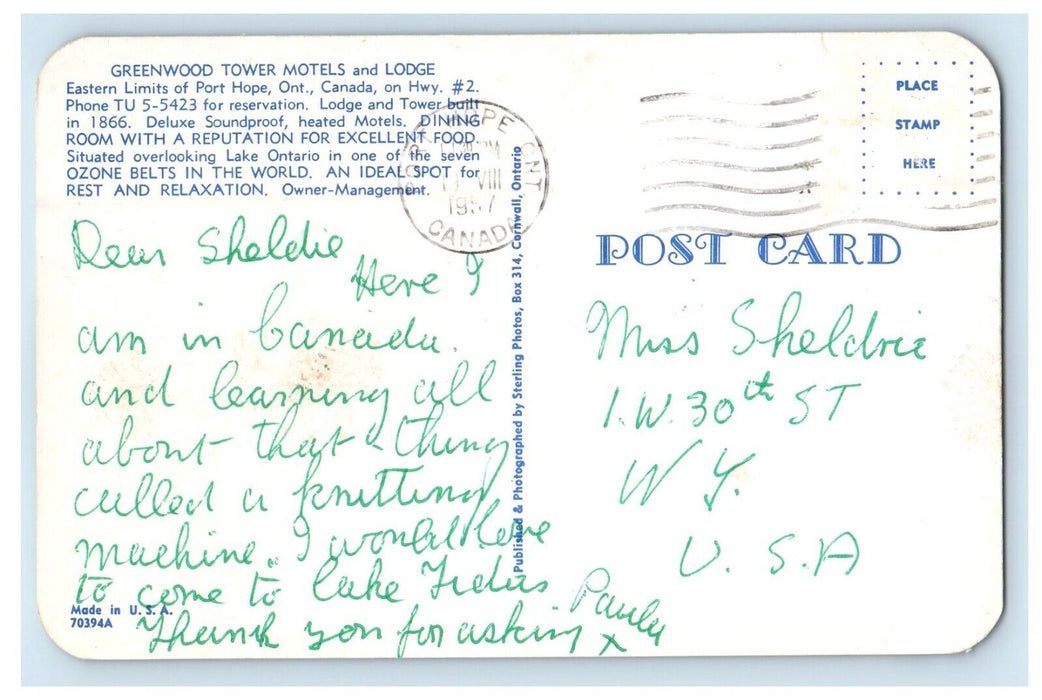 1957 Greenwood Tower Motels and Lodge Port Hope Ontario Canada Postcard
