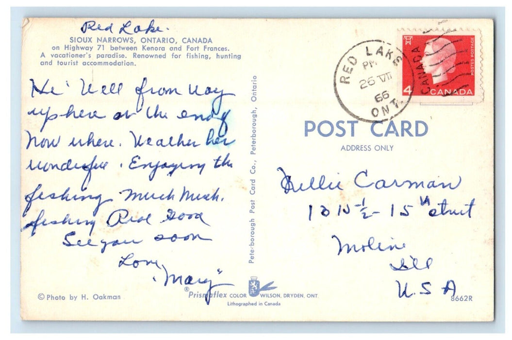 1966 Sioux Narrows Red Lake, Ontario Canada Posted Vintage Postcard