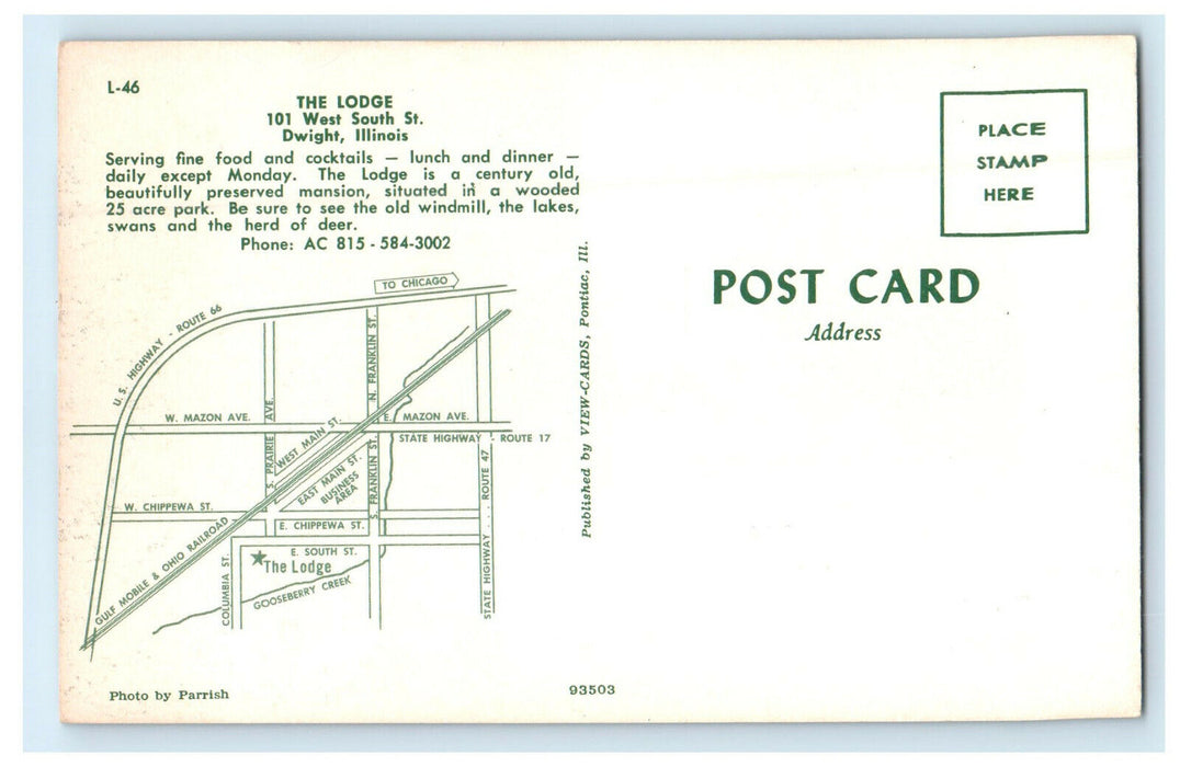 c1950s The Lodge 101 West South Street Dwight Illinois IL Unposted Postcard