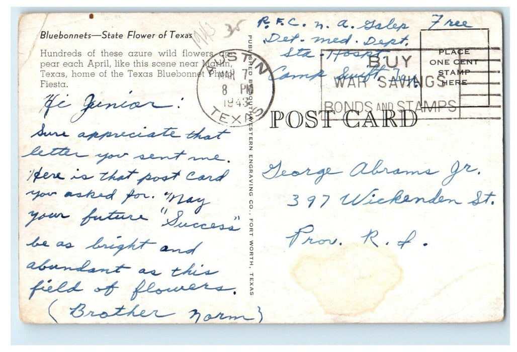 1943 Bluebonnets State Flower Austin Texas TX, WW2 Soldier Mail Postcard