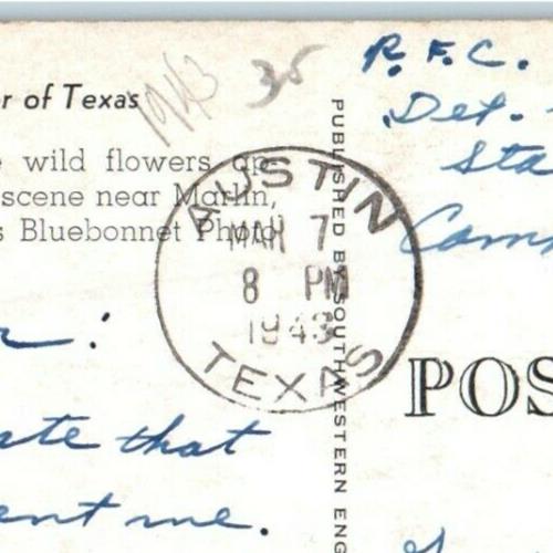 1943 Bluebonnets State Flower Austin Texas TX, WW2 Soldier Mail Postcard