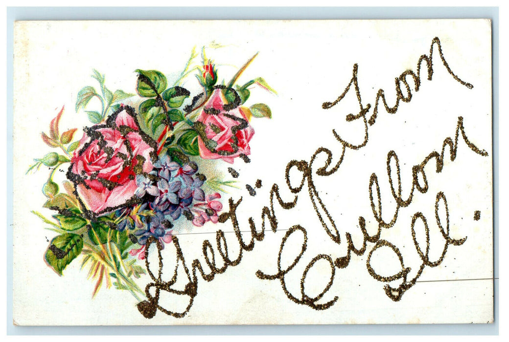 c1910s Greetings from Cullom Illinois IL Glitter Rose Flowers Postcard