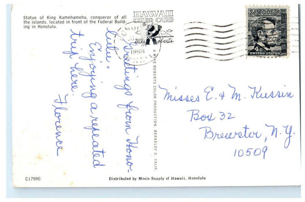 1966 Statue of King Kamehameha Honolulu Hawaii HI Vintage Posted Postcard